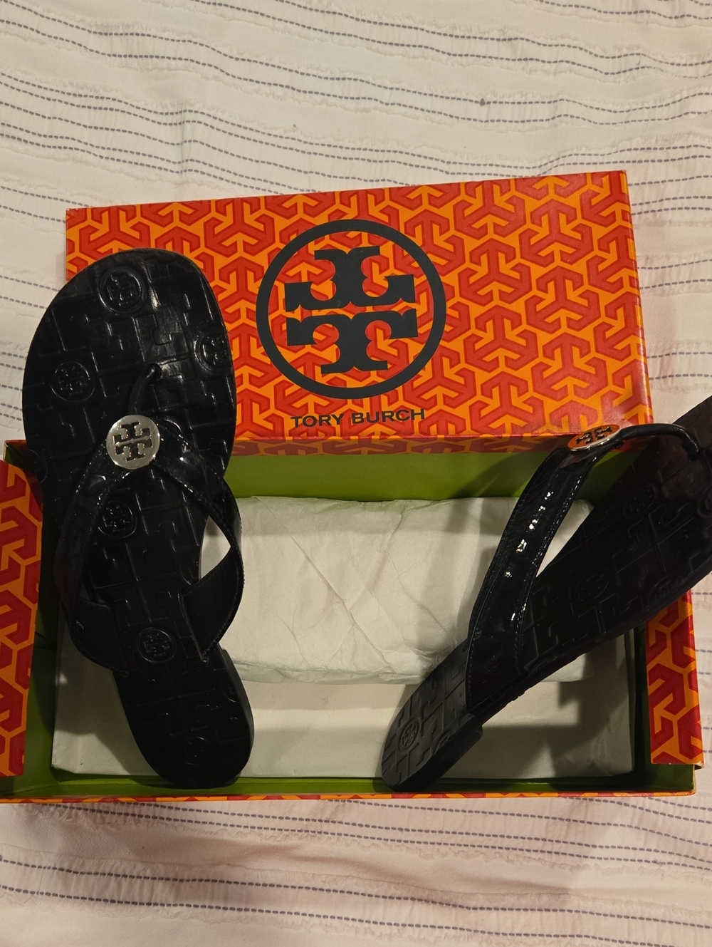 Tory Burch Black Patent Logo Jelly Flip-Flops